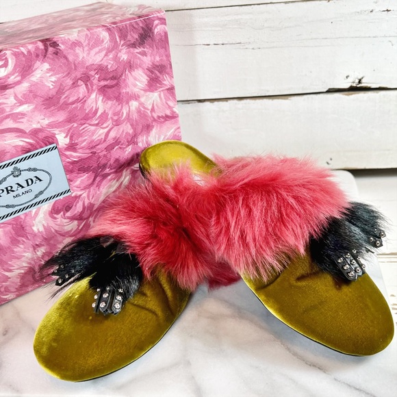 Prada Olive Velvet Mont Gist Tassel Slippers - Picture 7 of 7